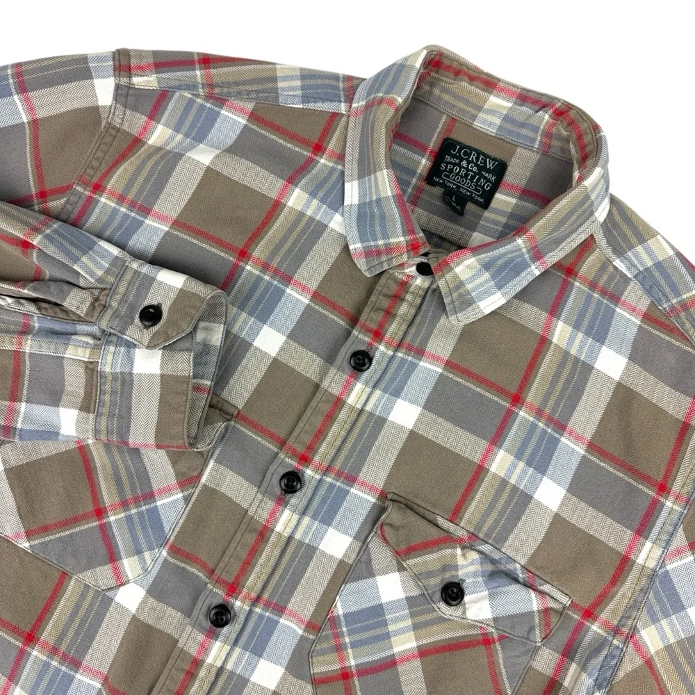 J. Crew Plaid Shirt Men's Large Tan Gray Red Flannel Button-up 100% Cotton Soft